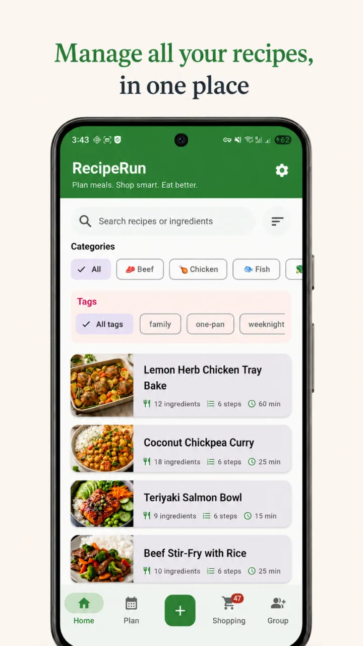 RecipeRun recipe management screen