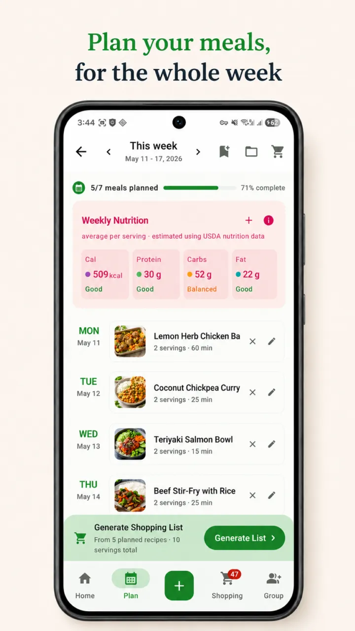 RecipeRun meal planning screen