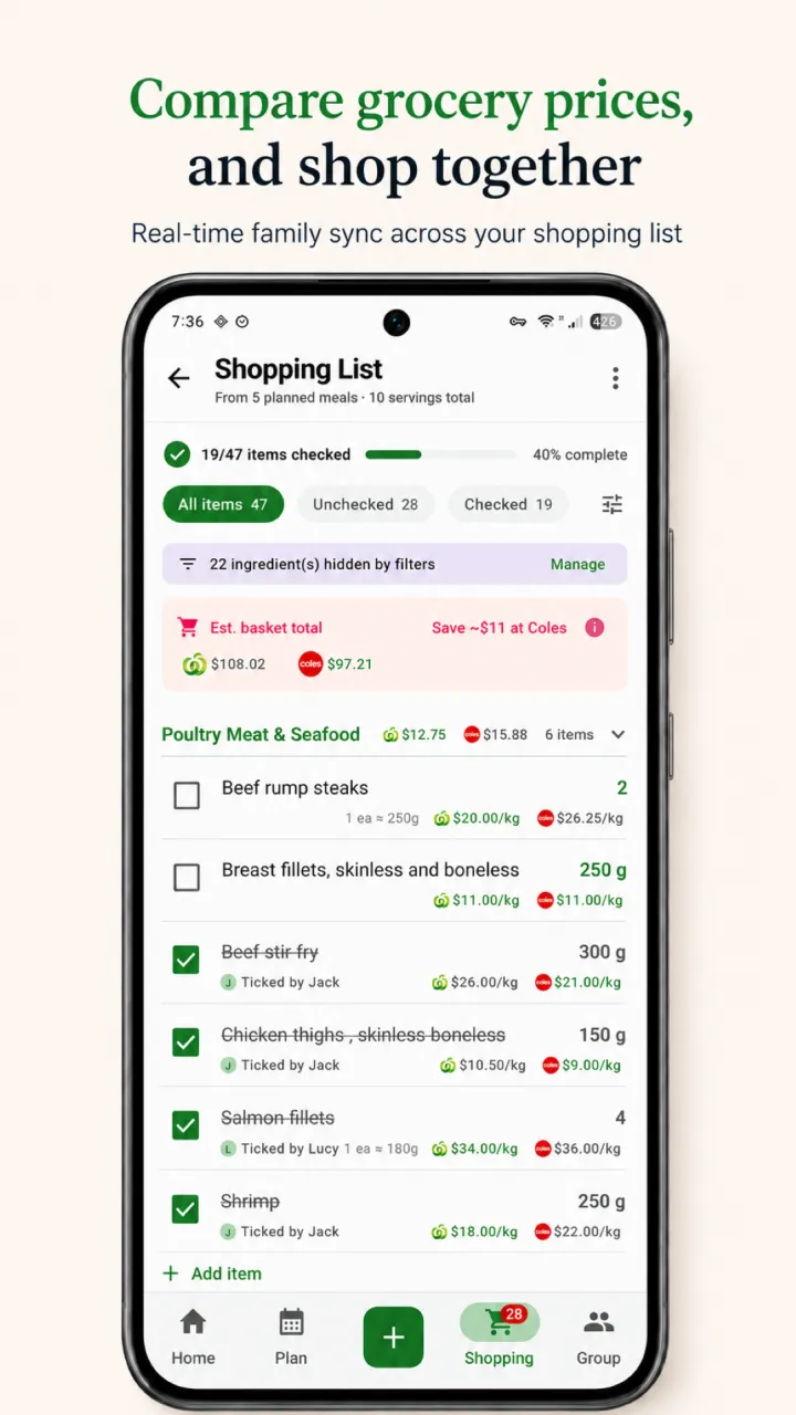 RecipeRun shopping screen